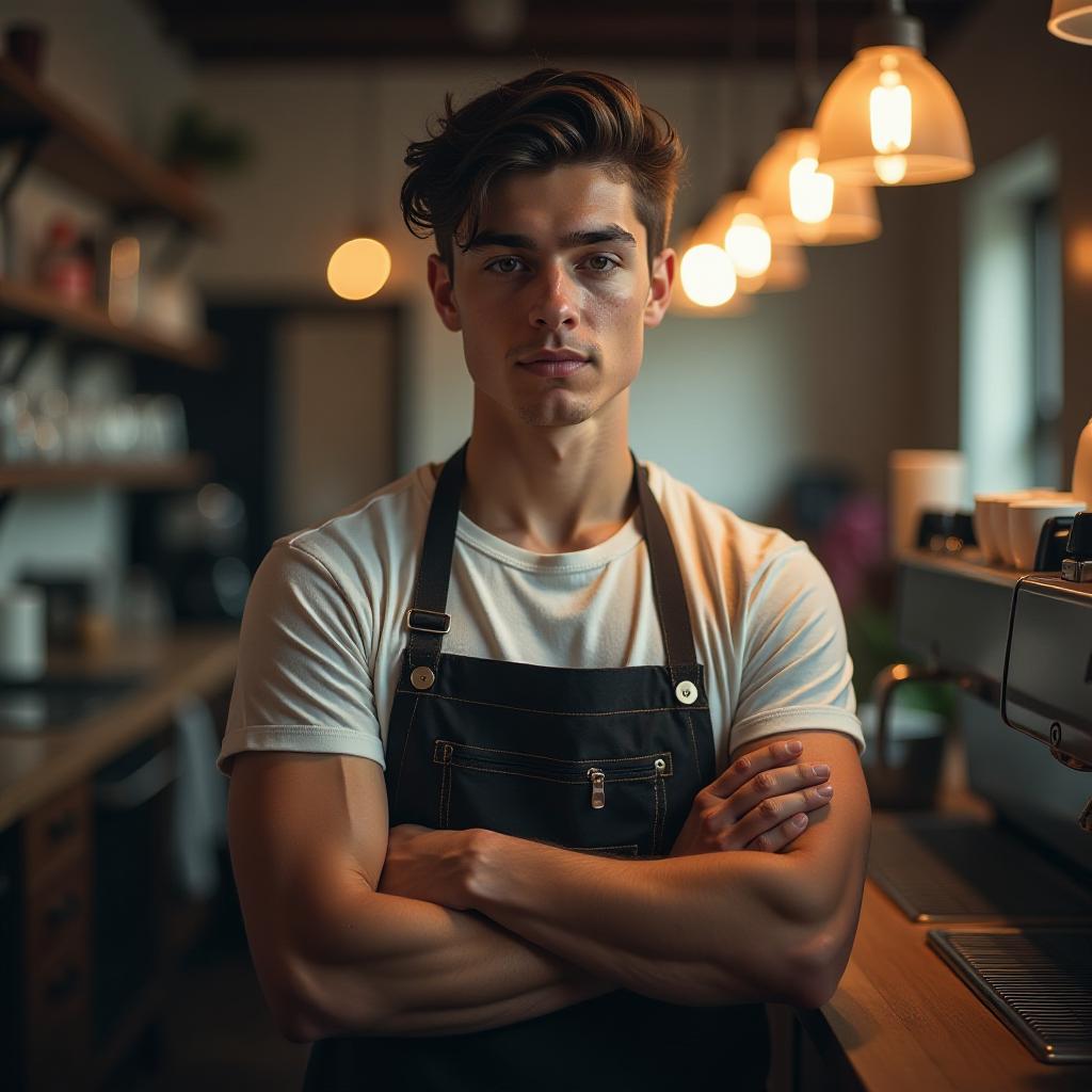  a young barista with an athletic build hyperrealistic, full body, detailed clothing, highly detailed, cinematic lighting, stunningly beautiful, intricate, sharp focus, f/1. 8, 85mm, (centered image composition), (professionally color graded), ((bright soft diffused light)), volumetric fog, trending on instagram, trending on tumblr, HDR 4K, 8K