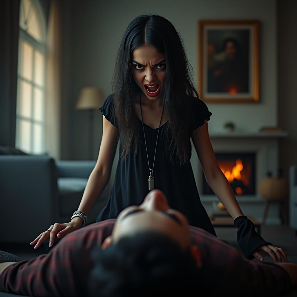  a vampire girl standing in the living room above a fallen man's body, angry, mouth open, visible fangs, in the eyes of the red light of the livestock, bracelet silver, black shadows, long eyelashes, big braces, brown eyes, brown eyes, lips of bright pinks, eyelashes, black rings hyperrealistic, full body, detailed clothing, highly detailed, cinematic lighting, stunningly beautiful, intricate, sharp focus, f/1. 8, 85mm, (centered image composition), (professionally color graded), ((bright soft diffused light)), volumetric fog, trending on instagram, trending on tumblr, HDR 4K, 8K