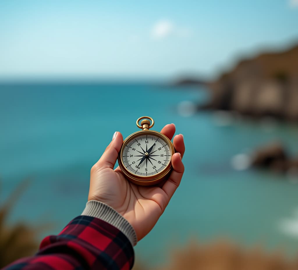  view of woman's hand with compass on beautiful sea landscape background