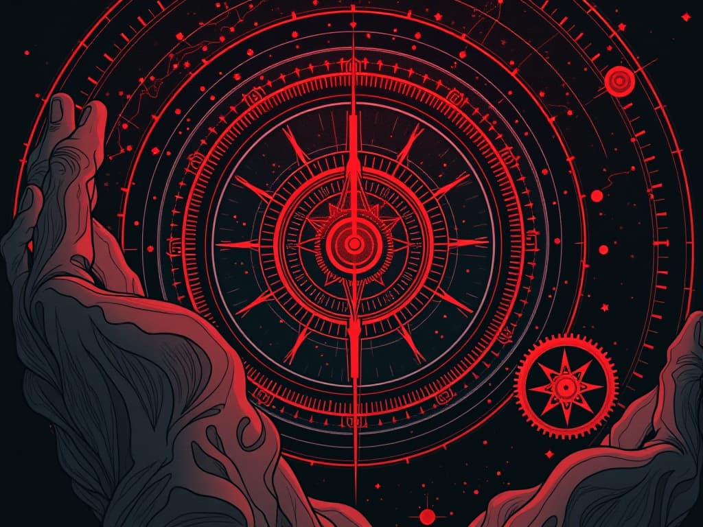  cosmic clockwork, red gears turning, stars and constellations intertwined, sense of destined order. the style is digital art illustration / modern comic book / graphic dark novel fantasy and mysterious occult, symbolic, moody lighting, esoteric vibe,high detail on character design. for the color scheme emphasize blacks and reds.