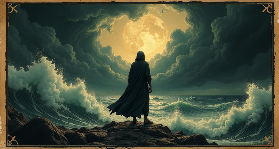  a person standing firm against a turbulent storm, calm amidst chaos, unwavering, strong, resilient. an illustration in the style of a worn, mystical old tarot trump card, mysterious and elements of surrealism. the colors are muted, somber and eerie, but with contrast bring out an occult and esoteric vibe.