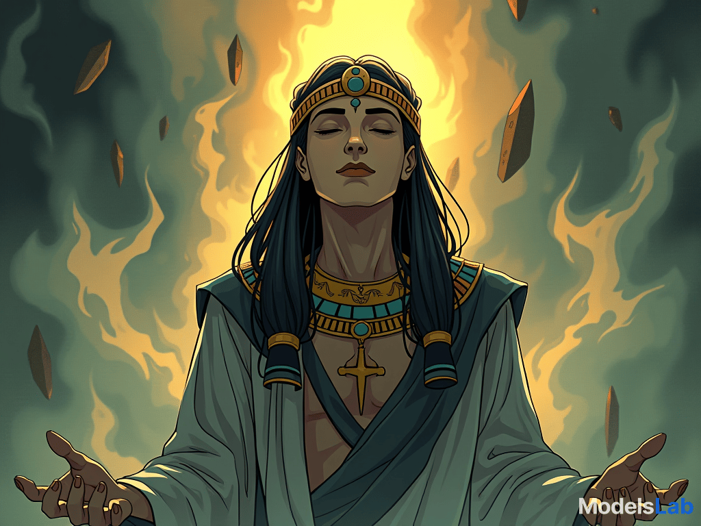  a young sage with a serene expression, eyes closed in meditation, surrounded by swirling mist, symbolizing the rare gift of perceiving the unseen and understanding the unspoken. the style is digital art illustration / modern comic book / mysterious occult, symbolic, esoteric vibe,high detail on character design, incorporating ancient egyptian symbology and attire.