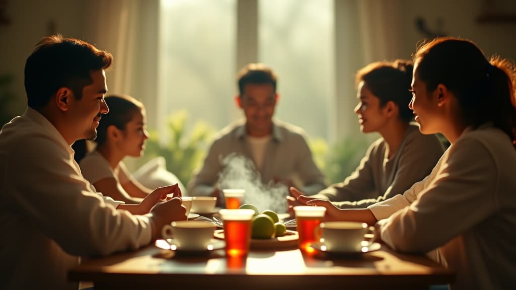  scenes about health and fitness, a comforting home atmosphere with family members gathered around, sharing guava leaf tea and discussing its properties. hyperrealistic, full body, detailed clothing, highly detailed, cinematic lighting, stunningly beautiful, intricate, sharp focus, f/1. 8, 85mm, (centered image composition), (professionally color graded), ((bright soft diffused light)), volumetric fog, trending on instagram, trending on tumblr, HDR 4K, 8K