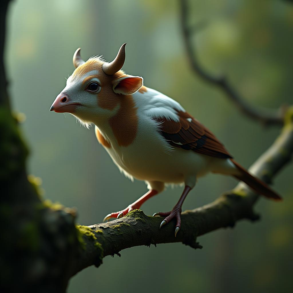  dreamscape hybrid between a house sparrow and a cow, the small, agile body of a house sparrow with the head of a cow, perched on a tree branch, hyper realistic, action scene, cinematic, perfect textures, tilt shift effect. . surreal, ethereal, dreamy, mysterious, fantasy, highly detailed