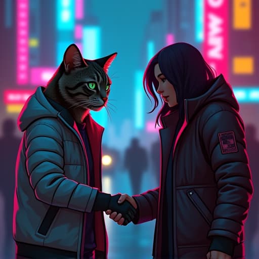  in a neon lit cyberpunk cityscape, hemule, the edgy tabby cat, shakes hands with kamala harris. hemule's charismatic aura shines through with his green eyes. the scene blends hyper realism with comic book aesthetics, capturing tension and charisma. hyperrealistic, full body, detailed clothing, highly detailed, cinematic lighting, stunningly beautiful, intricate, sharp focus, f/1. 8, 85mm, (centered image composition), (professionally color graded), ((bright soft diffused light)), volumetric fog, trending on instagram, trending on tumblr, HDR 4K, 8K