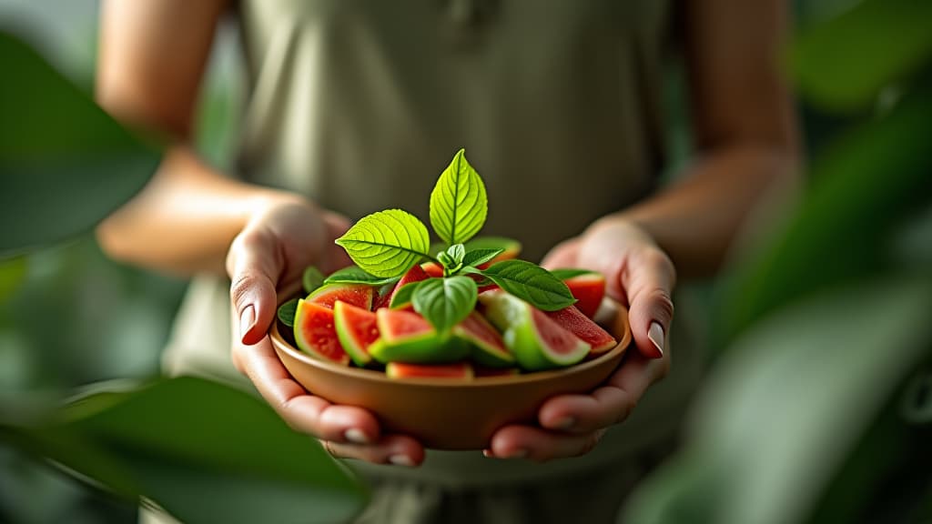  scenes about health and fitness, an elegant depiction of a healthy meal plan integrating guava leaves as part of the daily regimen for blood sugar control. hyperrealistic, full body, detailed clothing, highly detailed, cinematic lighting, stunningly beautiful, intricate, sharp focus, f/1. 8, 85mm, (centered image composition), (professionally color graded), ((bright soft diffused light)), volumetric fog, trending on instagram, trending on tumblr, HDR 4K, 8K