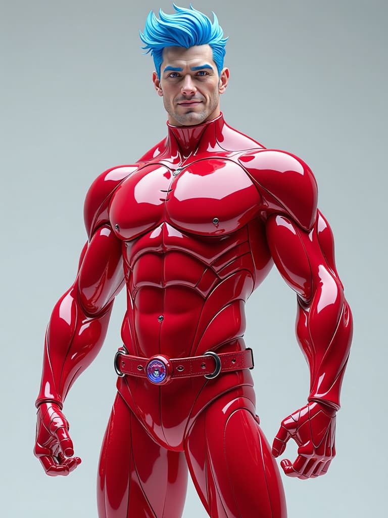  full full body photorealistic handsome hunky fractal ans blue haired hydromancer.. wearing red quartz transparent crystal chrome gl super suit , with belt and gloves..look at camera, detailed face parts,, studio as background, freestyle pose, happy expression, perfect anatomy, symmetric body,, 1, :: high detail, a lean athletic body, realistic, human skin, extremely detailed fingers,. in 3d, disney cartoon style