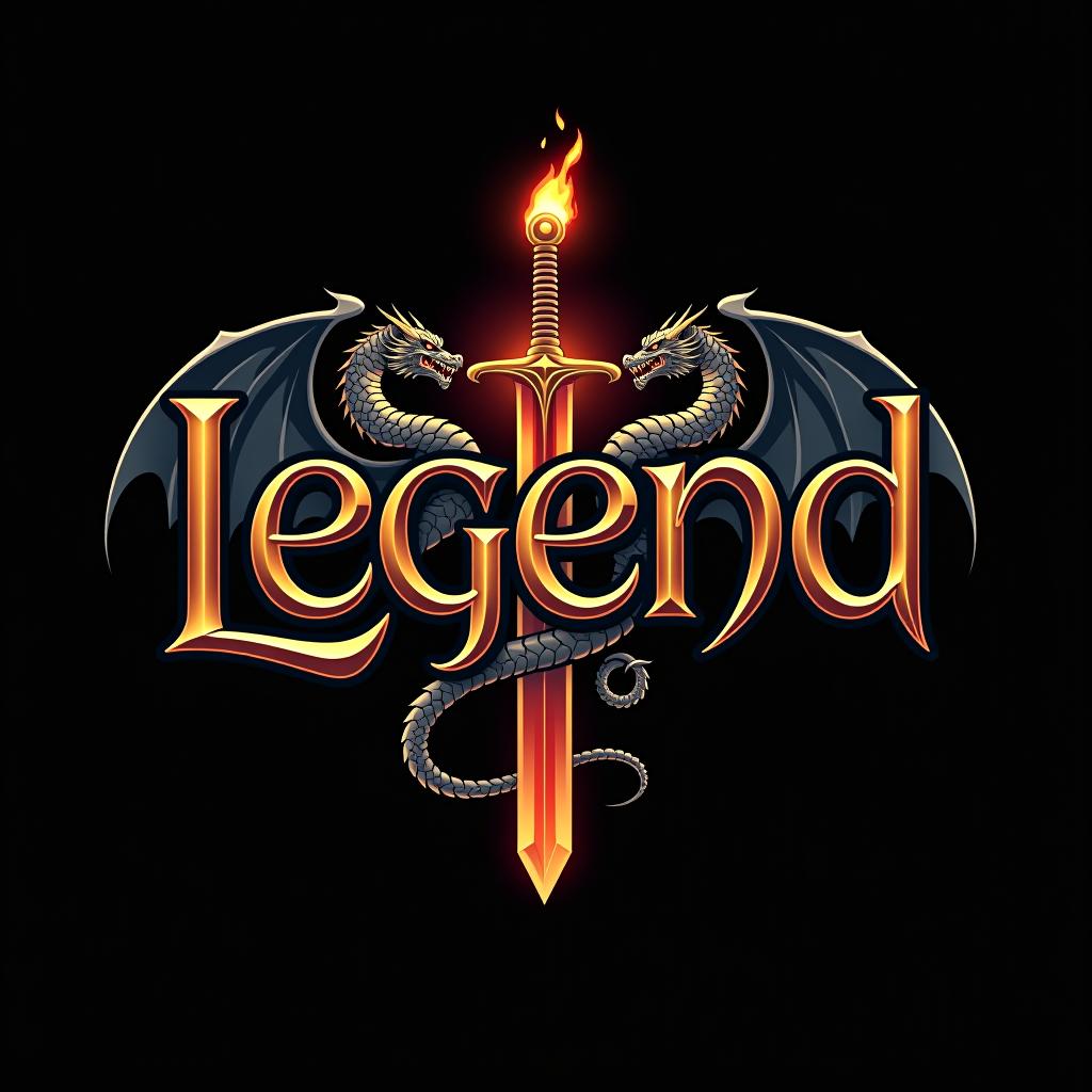  design a logo, custom sticker design on an isolated black background with the words ‘legend’ in bold font decorated by mythical dragons and a flaming sword