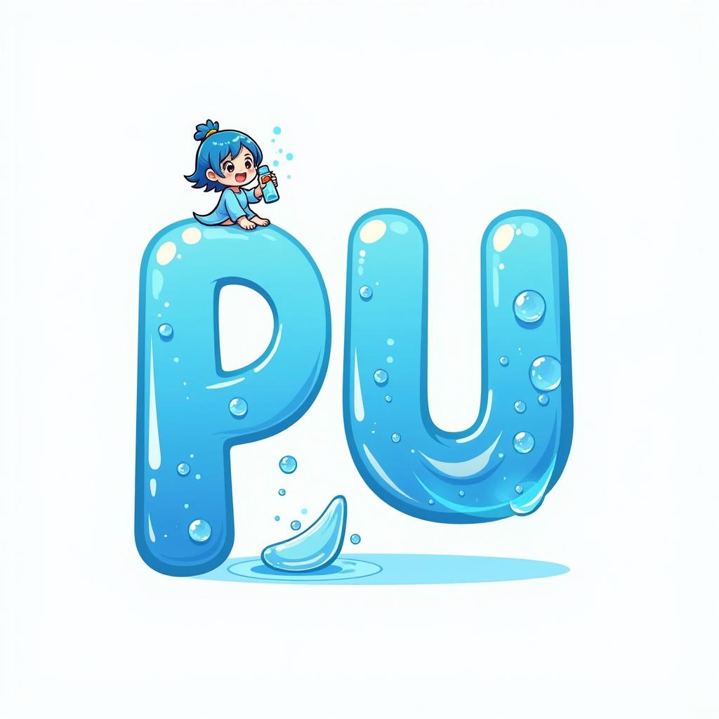  create a vibrant logo for a mineral water brand named 'pure amrit.' the logo should feature the text 'pure amrit' in an indian anime style font. include the letters 'pu' prominently, with a small, cute anime character above it, representing hydration or refreshment. the character should be holding a water bottle or enjoying a drink. use a color palette of blues and greens to evoke freshness, with bright accents. the background should be transparent., high quality, high details, hd, perfect composition, 4k epic detailed, highly detailed, sharp focus, high resolution