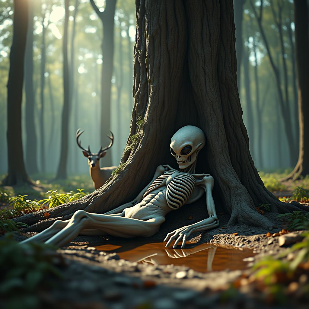  a photo realistic image of an alien collapsed against a huge tree in the middle of the woods, the alien is humanoid, it's dead and appears to have been there for a very long time, it's body is emaciated and it's skin is dehydrated and stretched across it's thin bones, it's deteriorating into the ground and tree it's lying on, it's body sinking into the earth and it's face fusing to the tree, it's half lying in a small puddle, a deer is drinking from the contaminated water, it's body slightly morphed into a strange, bony shape and it's eyes are sunken in and bulging white, sunlight filters down through the canopy to illuminate the scene