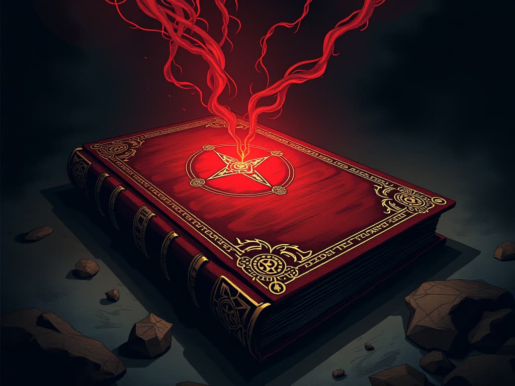  ancient book with a red cover, shadowy tendrils emanating, aura of hidden agendas. the style is digital art illustration / modern comic book / graphic dark novel fantasy and mysterious occult, symbolic, moody lighting, esoteric vibe,high detail on character design. for the color scheme emphasize blacks and reds.