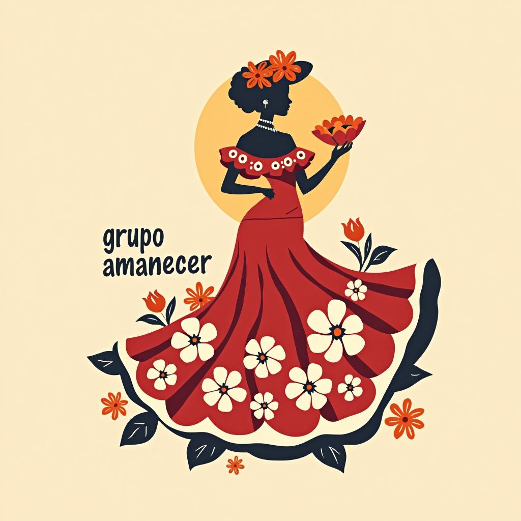  design a logo, una persona flamenca con abanicos mantones flores de sevilla , with the text 'grupo amanecer '.