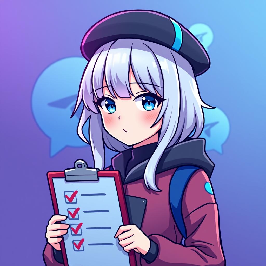  good quality, high quality, a profile picture for a telegram group management bot featuring emilia from re:zero. emilia is depicted with her silver hair and blue eyes, with hat, holding a stylized clipboard with a checklist. the background is a soft gradient of telegram logo purple and blue, symbolizing efficiency and organization. the telegram iconic logo is subtly integrated into the background, starting small near emilia and gradually growing in size and brightness as it moves outward, blending smoothly with the gradient color, checklist in "admin" "group safety" "ai features" "antisytem"