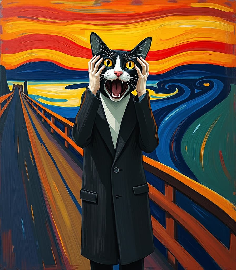  abstract expressionist painting masterpiece. (painting. painting “the scream” by norwegian expressionist painter edvard munch. a cat standing on a bridge with surprised eyes and open mouth and hands encircling ears and cheeks from surprise:1.5). (intense close up:1.2). highly detailed strokes, clarity. surrealism, fantasy, expressionism. the style of the artist edvard munch:1.5.) . energetic brushwork, bold colors, abstract forms, expressive, emotional hyperrealistic, full body, detailed clothing, highly detailed, cinematic lighting, stunningly beautiful, intricate, sharp focus, f/1. 8, 85mm, (centered image composition), (professionally color graded), ((bright soft diffused light)), volumetric fog, trending on instagram, trending on tumblr, HDR 4K, 8K