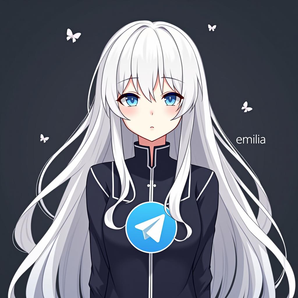  create an image of a character inspired by emilia from re:zero, featuring long white hair and an elegant appearance. the character should be wearing a shirt with the telegram logo, embodying peace and serenity. the design should be background, and include the name 'emilia' in a logo font