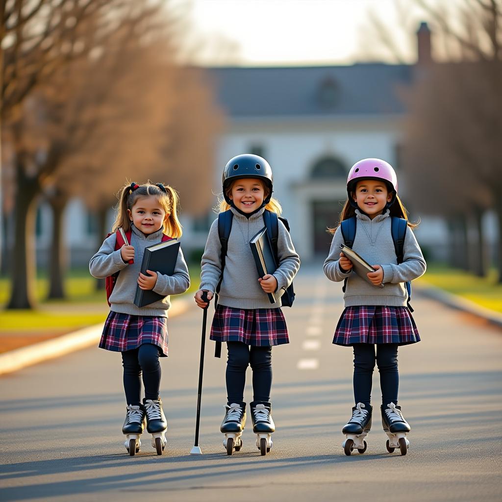  children on skates stand near the school in their school uniforms, holding textbooks.