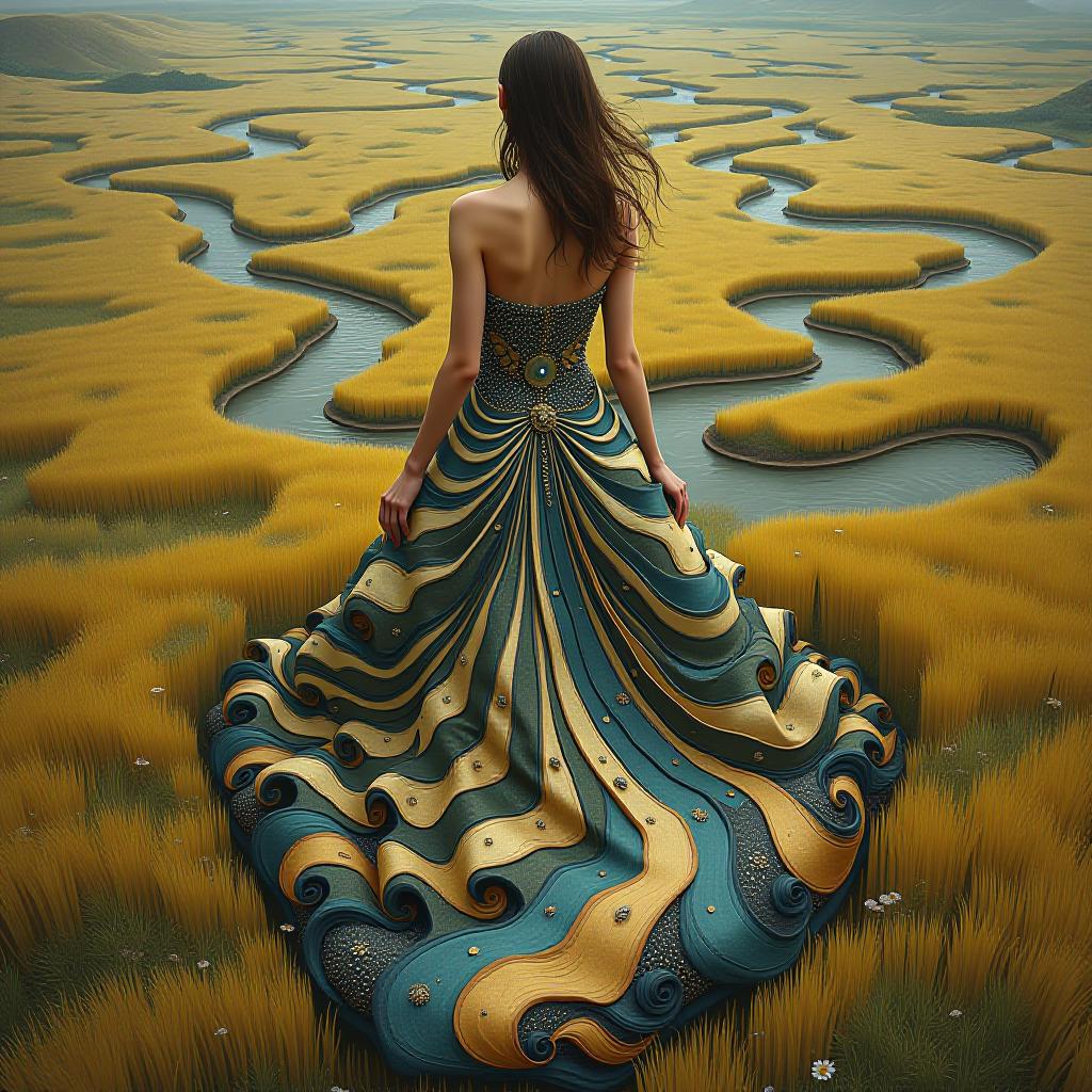  a couture dress resembling a beautiful field with flowing rivers and mountains in an avant garde style, embellished with beads and stones, utilizing twisting techniques and ruffles, worn by a brunette girl from an aerial perspective.