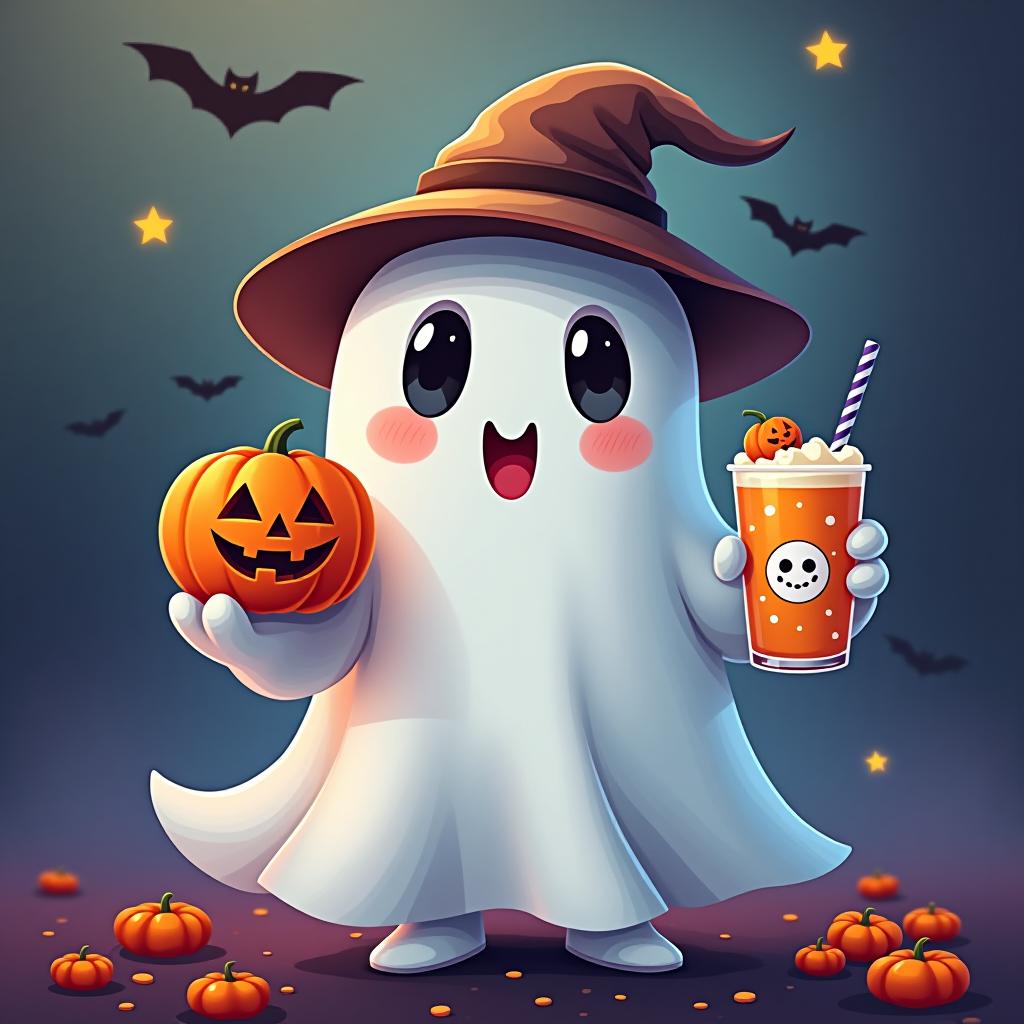  create a digital painting featuring a cute ghost character. the ghost should be wearing a hat. in one hand, the ghost should hold a pumpkin with a carved face, and in the other hand, a halloween themed drink. the background should be colorfull and include small black bats and stars to add a playful halloween touch. the overall style should be cute, whimsical, and colorful hyperrealistic, full body, detailed clothing, highly detailed, cinematic lighting, stunningly beautiful, intricate, sharp focus, f/1. 8, 85mm, (centered image composition), (professionally color graded), ((bright soft diffused light)), volumetric fog, trending on instagram, trending on tumblr, HDR 4K, 8K