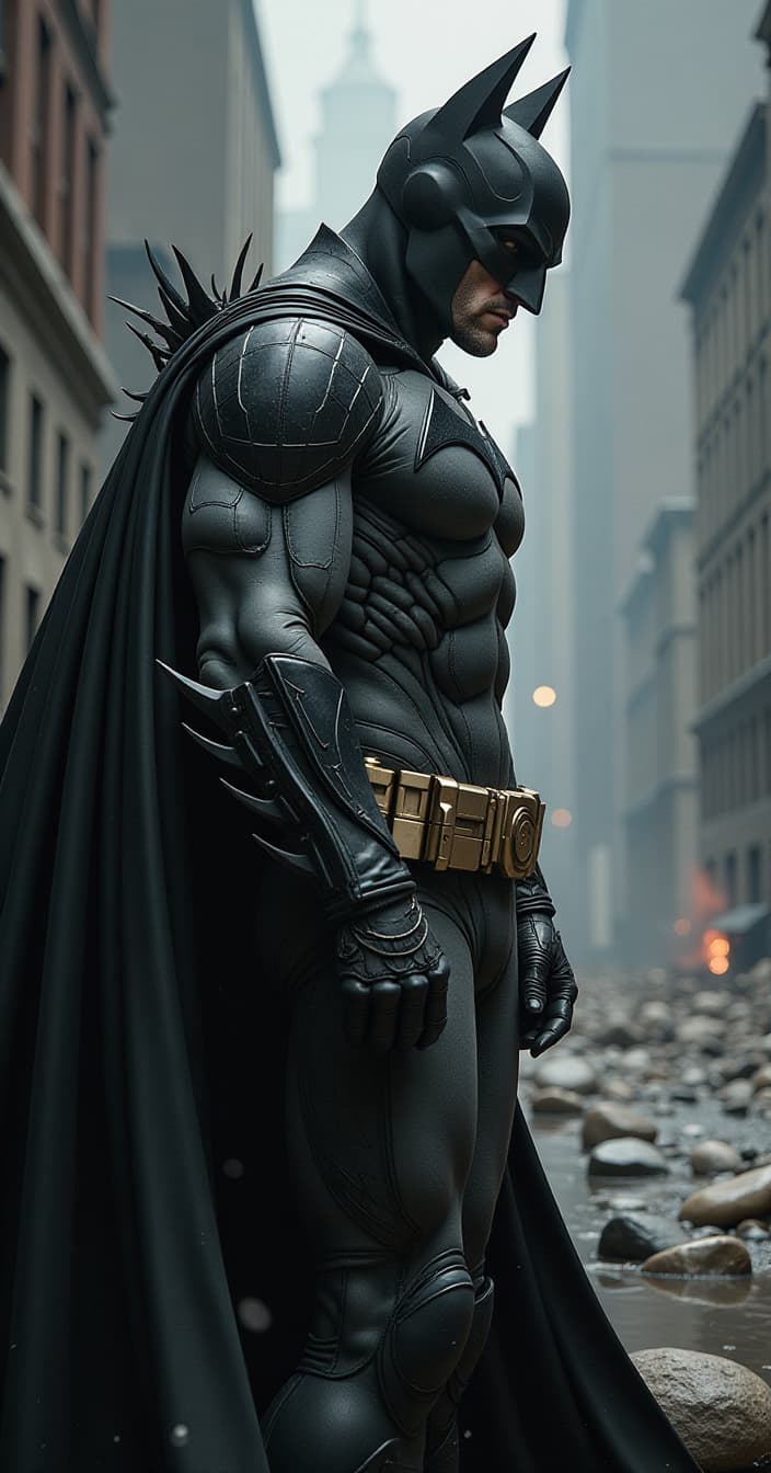  dystopian style batman . bleak, post apocalyptic, somber, dramatic, highly detailed