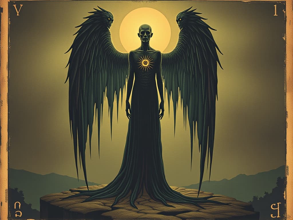  figure standing tall, illuminated from within, collective presence, sense of unity, transcending individuality. an illustration in the style of a worn, mystical old tarot trump card, mysterious and elements of surrealism. the colors are muted, somber and eerie, but with contrast bring out an occult and esoteric vibe.