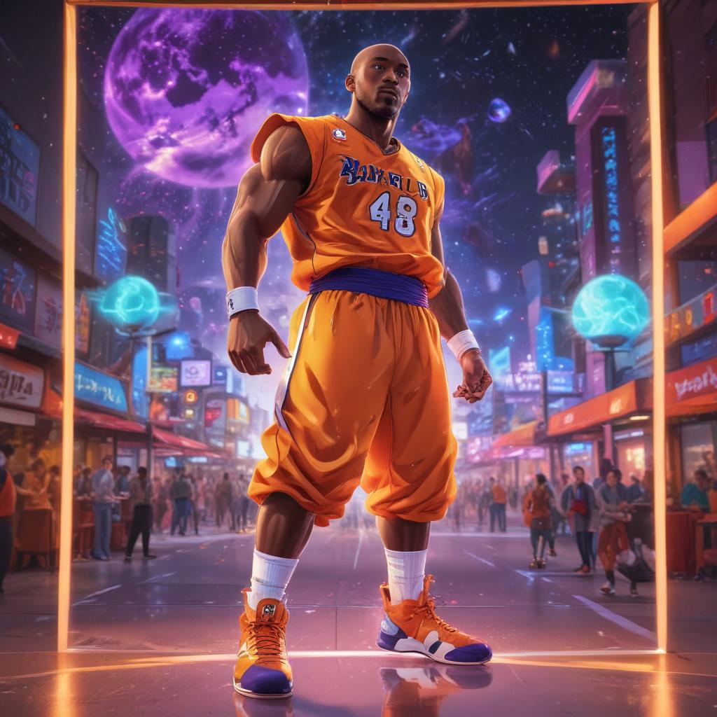 distance-shot, flashy, full-body, dynamic, holographic, animated cartoon poster of kobe scene in the style of dragon ball super