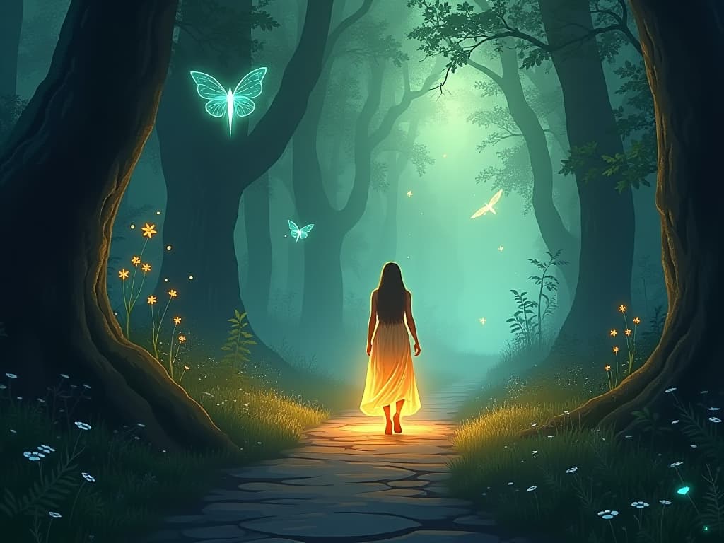  a glowing figure walking down a mystical, narrow path through an enchanted forest. ethereal beings and symbols float nearby, representing the testing of their resolve in a serene, magical atmosphere.. the style is digital art illustration,highly detailed, whimsical,magical, dreamlike atmosphere, realism and fantasy blend, smooth, glossy textures,luminous quality, wonder and enchantment.