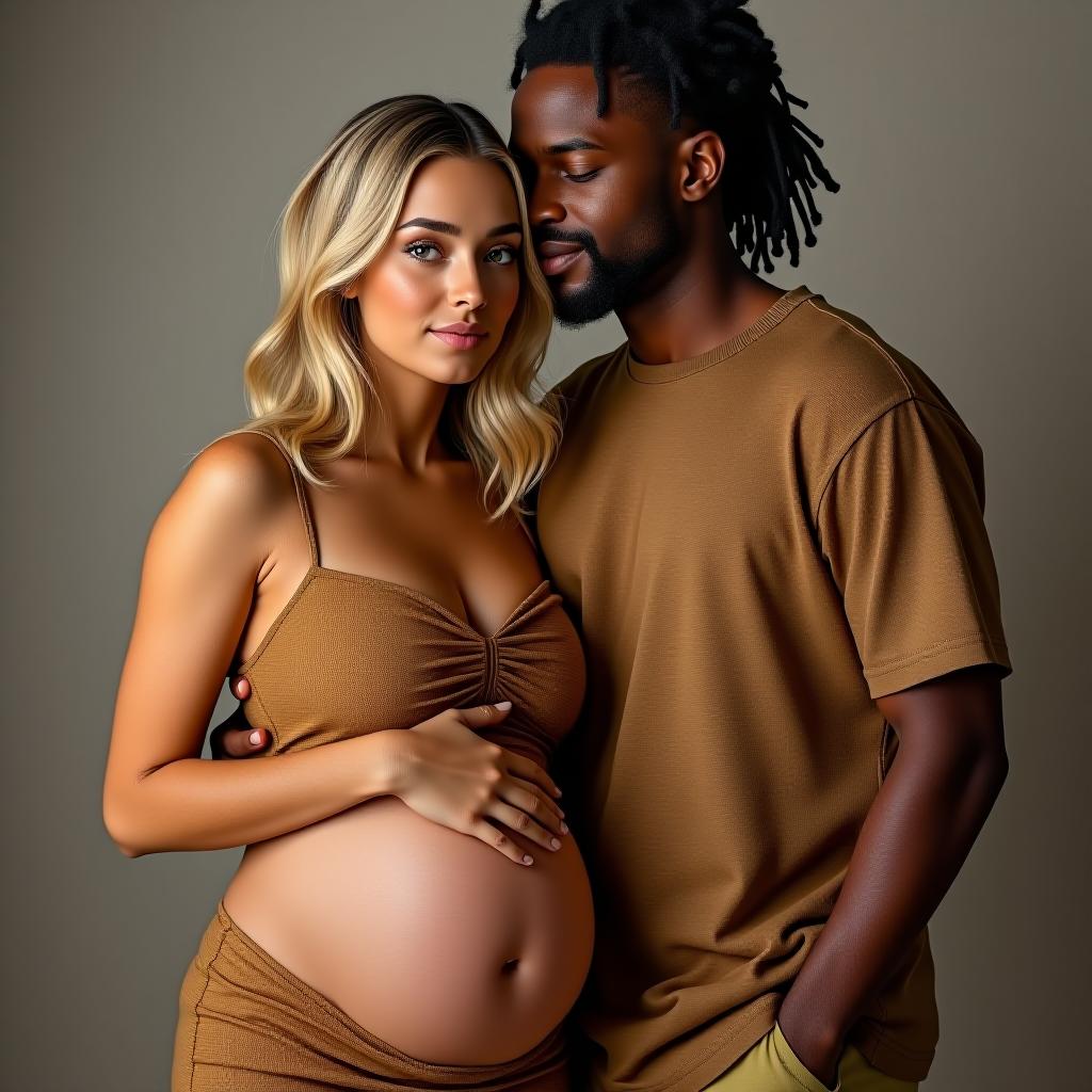  make an image of a blonde haired woman that is pregnant with tan olive skin and dark brown eyes with the dad who is african american with dreads