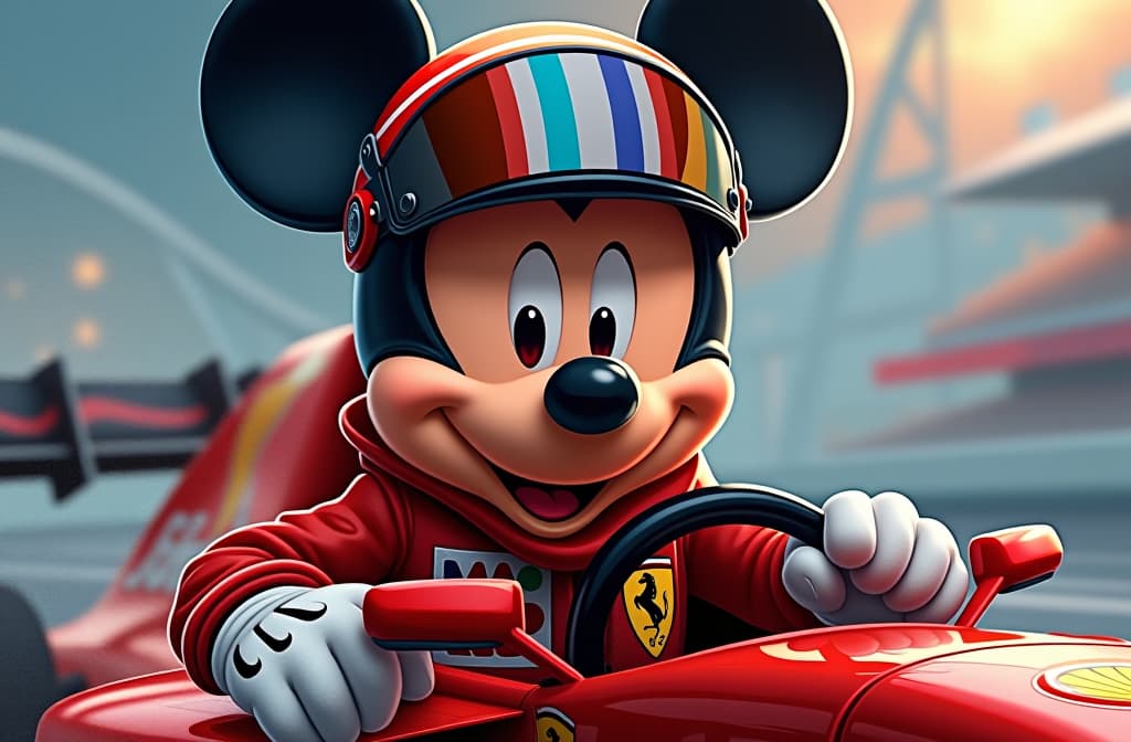  mickey mouse con traje de piloto de f1, estilo comic, hd, full color, racer champions, ilustración hot wheels, car ferrari, marvel comic panel, dc animated comic panel, comic panel, manga and manhwa style panel, portrait, young person face, style for marvel comic, anime comic panel style hyperrealistic, full body, detailed clothing, highly detailed, cinematic lighting, stunningly beautiful, intricate, sharp focus, f/1. 8, 85mm, (centered image composition), (professionally color graded), ((bright soft diffused light)), volumetric fog, trending on instagram, trending on tumblr, HDR 4K, 8K