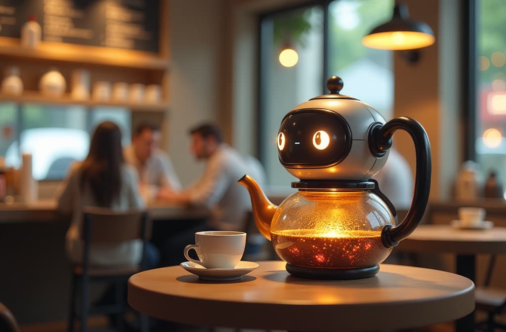  "create a cozy coffee shop scene featuring a futuristic, anthropomorphic tea pot with digital screens and expressive eyes, interacting with customers. the ambiance should include soft lighting, shelves of tea blends, and patrons enjoying their drinks, while a gentle steam rises. incorporate subtle elements like chat bubbles above the teapot, suggesting lively conversations, and a warm color palette to evoke a welcoming atmosphere." hyperrealistic, full body, detailed clothing, highly detailed, cinematic lighting, stunningly beautiful, intricate, sharp focus, f/1. 8, 85mm, (centered image composition), (professionally color graded), ((bright soft diffused light)), volumetric fog, trending on instagram, trending on tumblr, HDR 4K, 8K