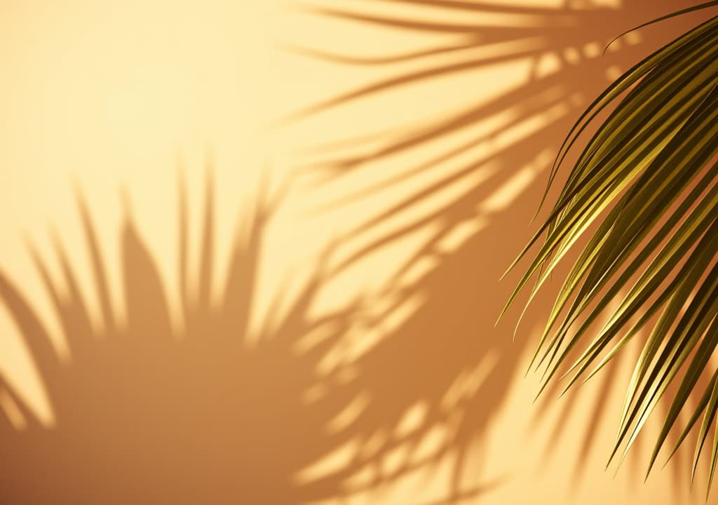  shadows of palm leaves against a soft, warm background.