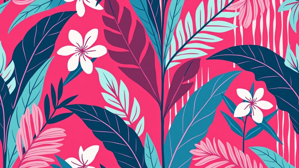  exotic pattern with pink, turquoise and magenta leaves and flowers, bold lines, flat colors on a colorful pink background