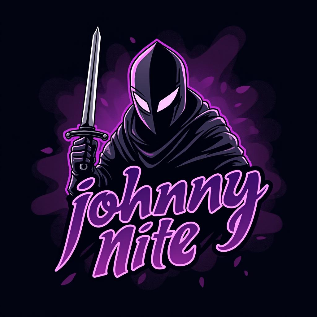  design a logo, in a realism style. knight black and purple graffiti, with the text 'johnny nite '.