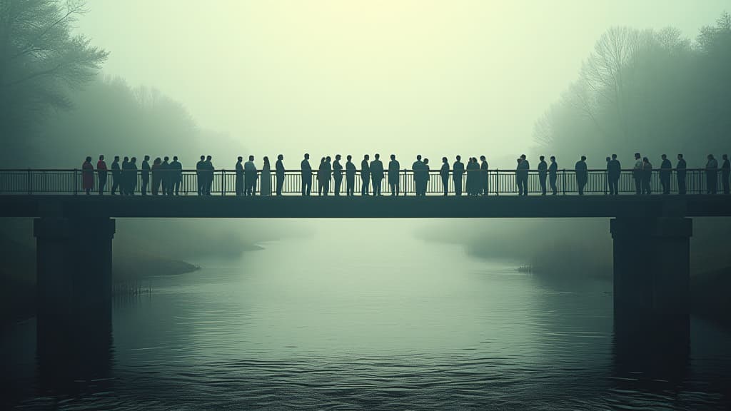  a dreamlike portrayal of humanity's desire to connect despite language barriers, featuring a bridge over a river with various people. hyperrealistic, full body, detailed clothing, highly detailed, cinematic lighting, stunningly beautiful, intricate, sharp focus, f/1. 8, 85mm, (centered image composition), (professionally color graded), ((bright soft diffused light)), volumetric fog, trending on instagram, trending on tumblr, HDR 4K, 8K