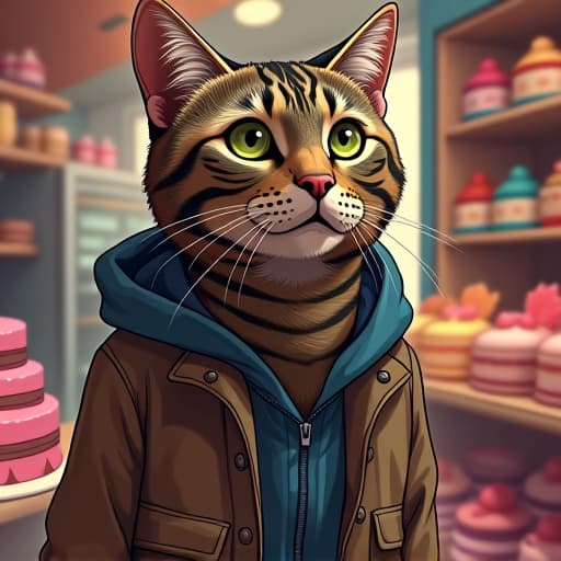  in a bustling cake shop, hemule, the rebellious tabby cat, stands out with his impeccable style. his striking green eyes survey the array of colorful cakes, exuding charisma and edgy vibes. the cartoonish scene captures hemule's tough persona, mixing brown, black, and grey stripes in a vibrant, comic book like style, creating a compelling visual narrative. hyperrealistic, full body, detailed clothing, highly detailed, cinematic lighting, stunningly beautiful, intricate, sharp focus, f/1. 8, 85mm, (centered image composition), (professionally color graded), ((bright soft diffused light)), volumetric fog, trending on instagram, trending on tumblr, HDR 4K, 8K