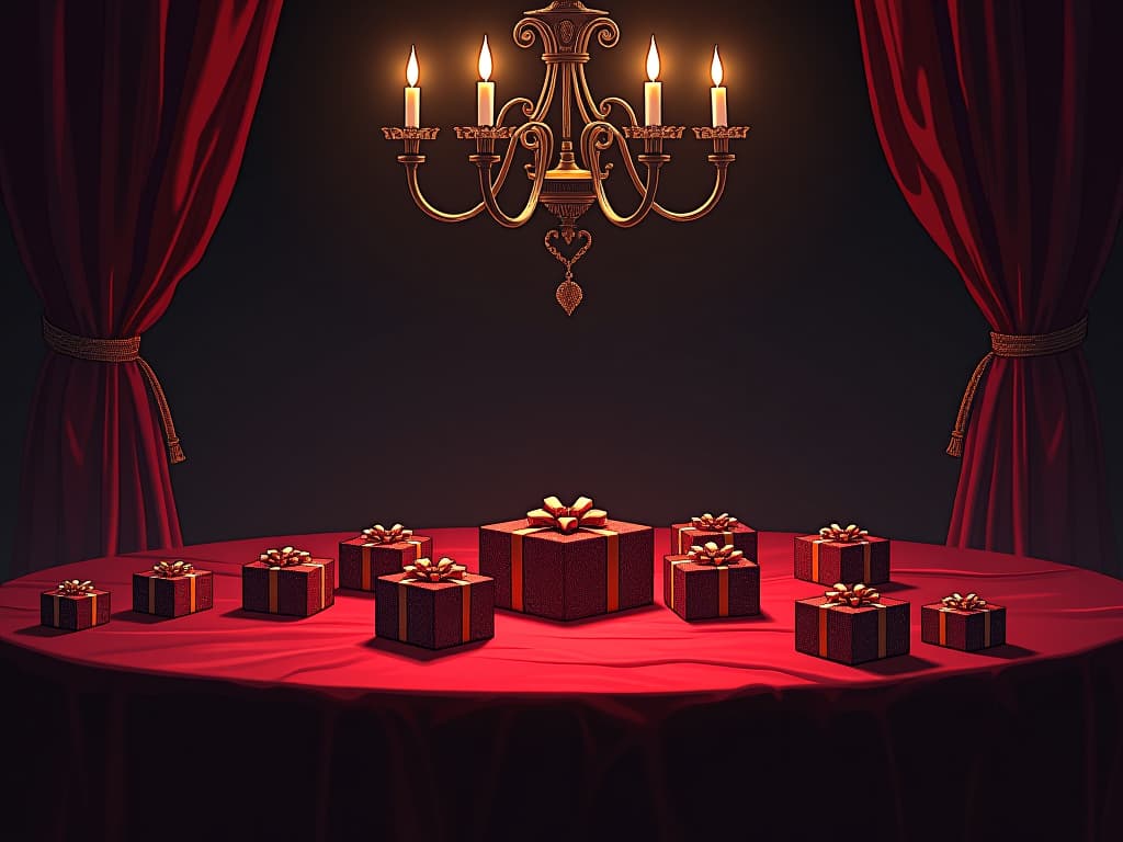  red velvet lined table, adorned with glittering gifts, soft light casting mesmerizing reflections, mood of subtle temptation. the style is digital art illustration / modern comic book / graphic dark novel fantasy and mysterious occult, symbolic, moody lighting, esoteric vibe,high detail on character design. for the color scheme emphasize blacks and reds.