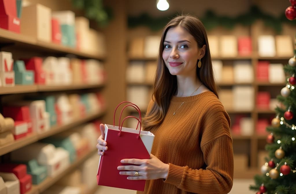  advertising style, stock photo, corporate branding style woman with craft bags in a store. christmas. . professional, clean, modern, product focused, commercial, eye catching, minimalist, business oriented, highly detailed