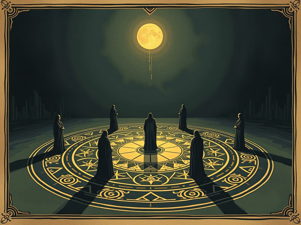  sacred circle, intricate patterns on ground, glowing gently, figures standing in unity, revered atmosphere. an illustration in the style of a worn, mystical old tarot trump card, mysterious and elements of surrealism. the colors are muted, somber and eerie, but with contrast bring out an occult and esoteric vibe.