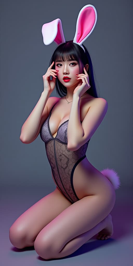  a photo realistic full body image of 40 asian streamer cosplaying as a bunny , kneeling and closing one eye, her mouth opened wide and hands on her cheeks ly and her intricate lace leotard is vint and eye catching. big perky s. her body captures her beauty and the lively colors of her clothing, making it an interesting and visually appealing piece of art. beautiful perfect eyes, perky big s, a korean goddess, geometric shapes, bold colors, dynamic composition,beautiful perfect eyes, a korean goddess . cyberpunk, vint, stunningly beautiful, crisp, detailed, sleek, ultramodern, rainbow highlights, dark purple shadows, high contrast, cinematic, ultra detailed, intricate, professional, (masterpiece), (be