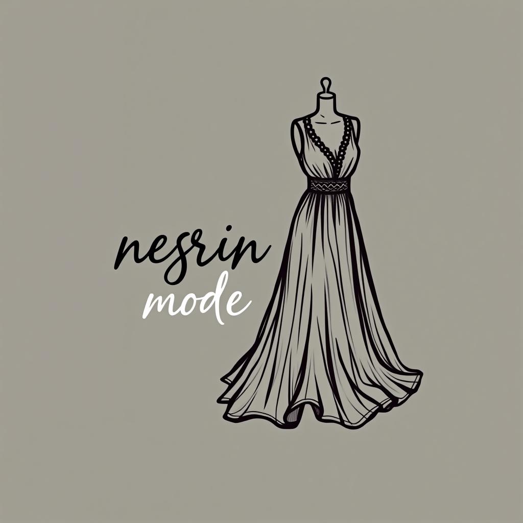  design a logo, nesrin mode hintergrund schwarz schrift weiß schreibschrift neben ein gezeichnetes langes kleid , with the text 'nesrin mode '.