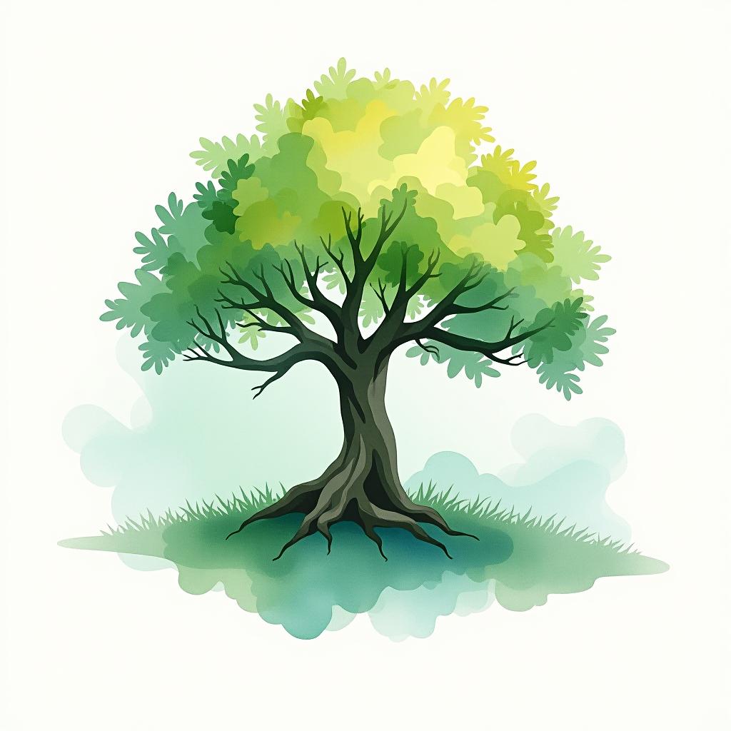  logo, watercolor style, logo of a tree, green and blue