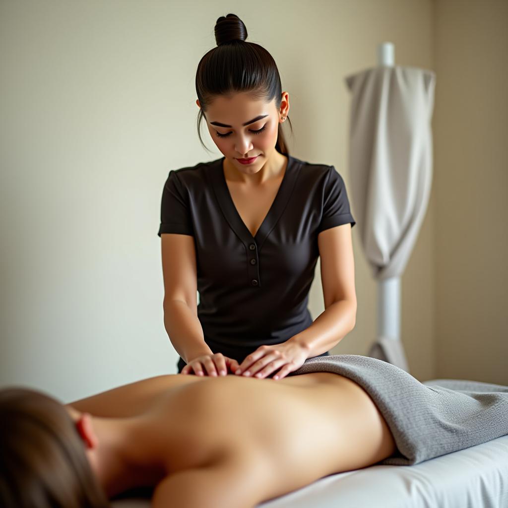  a female masseuse in uniform is giving a massage to a person.