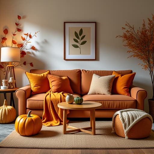  create an autumn themed living room scene with warm colors, cozy blankets, and fall foliage accents.