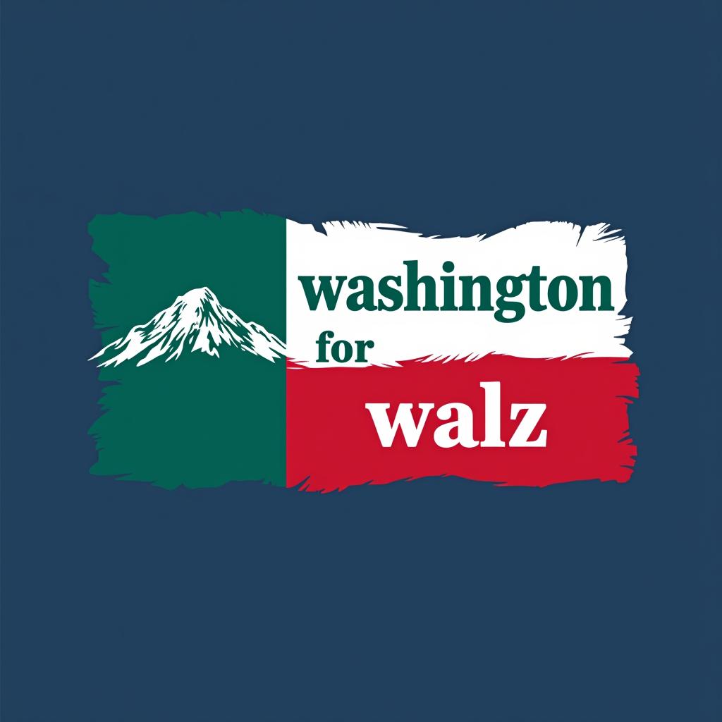  a tshirt design inspired by the washington state flag. the left side features a green vertical stripe with a large mountain in the center. the right side is divided into two horizontal sections: the top section is white with the text 'washington for' in bold, green, uppercase letters, and the bottom section is red with the text 'harris walz' in bold, white, uppercase letters. the overall layout is clean and straightforward, with a clear and patriotic color scheme of blue, white, and red.