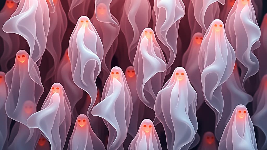  a ghostly pattern featuring numerous translucent figures in shades of pink, white, and black.