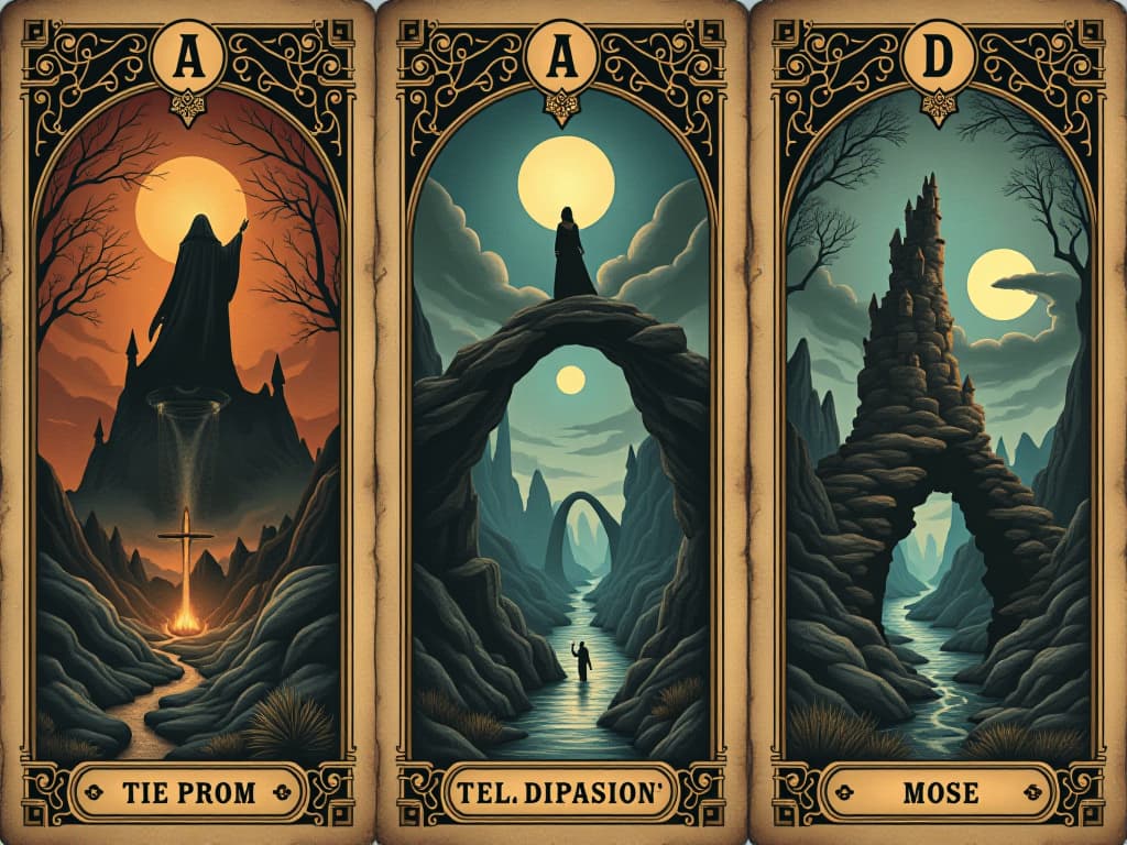  each level a unique dimension, diverse obstacles, surreal and varied landscapes, sense of otherworldly trial. an illustration in the style of a worn, mystical old tarot trump card, mysterious and elements of surrealism. the colors are muted, somber and eerie, but with contrast bring out an occult and esoteric vibe.