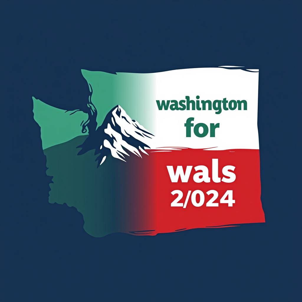  a tshirt design inspired by the washington state flag. the left side features a green vertical stripe with a large mountain in the center. the right side is divided into two horizontal sections: the top section is white with the text 'washington for' in bold, green, uppercase letters, and the bottom section is red with the text 'harris walz 2024' in bold, white, uppercase letters. the overall layout is clean and straightforward, with a clear and patriotic color scheme of blue, white, and red.