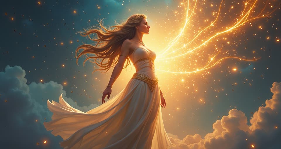  a radiant celestial being in a fortified stance, surrounded by a glowing aura. dark arrows aimed at her turn into beams of light, symbolizing the reinforcement and sharpening of resolve amid adversities.. the style is digital art illustration,highly detailed, whimsical,magical, dreamlike atmosphere, realism and fantasy blend, smooth, glossy textures,luminous quality, wonder and enchantment.