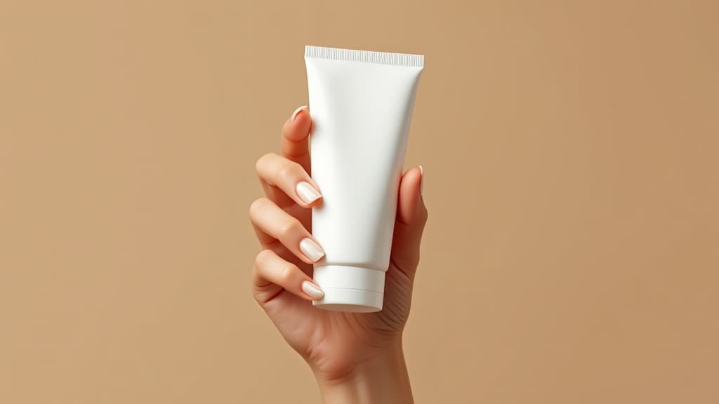  woman hand is holding a white mockup tube of facial cream on a beige isolated background, high quality, high details, hd, perfect composition, 4k epic detailed, highly detailed, sharp focus, high resolution