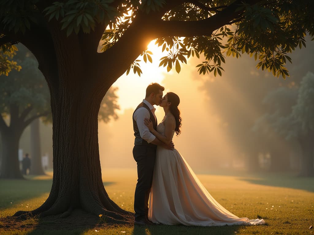  photorealistic romantic couple kisses under one tree in rome hyperrealistic, full body, detailed clothing, highly detailed, cinematic lighting, stunningly beautiful, intricate, sharp focus, f/1. 8, 85mm, (centered image composition), (professionally color graded), ((bright soft diffused light)), volumetric fog, trending on instagram, trending on tumblr, HDR 4K, 8K