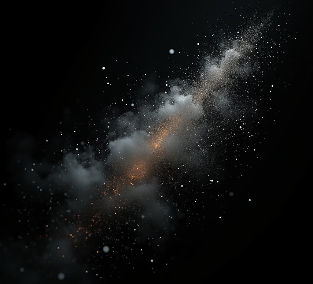  artificial intelligence rendering of debris flying on black background covered in dust